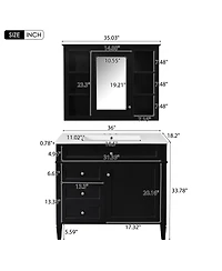 Sillysis 36" Bathroom Vanity with Sink and Mirror, Modern Freestanding Solid Wood Mdf Cabinet, 3 Drawers 2 Doors for Large Storage