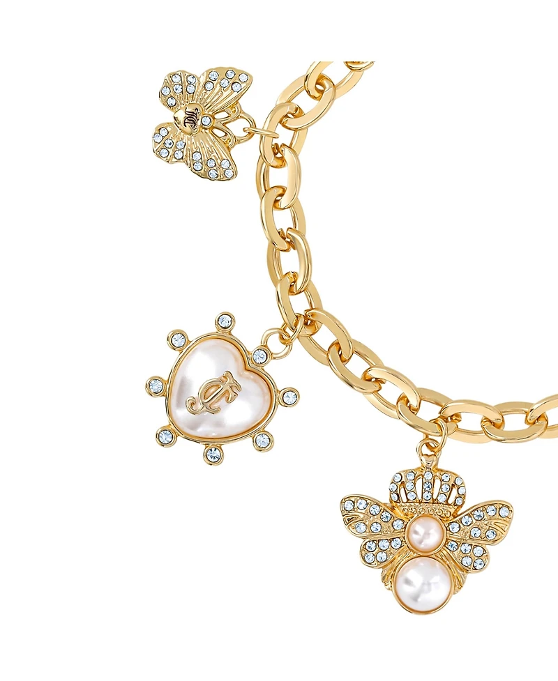 Juicy Couture Pearl & Icon Charm Bracelet, Gold Tone Link with Faux Pearls
