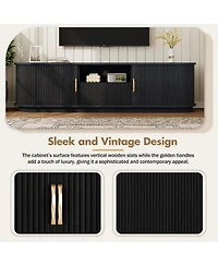 Rainsken Farmhouse Fluted Tv Stand, Media Console with Sliding Wood Slatted Doors and Drawer, Suitable for TVs Up to 75" in Living Room