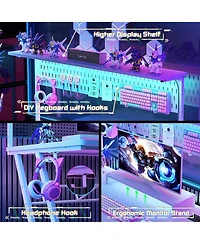 Aheaplus 55'' Gaming Desk - Cumputer Desk with Hutch, Outlets, and Led Lights