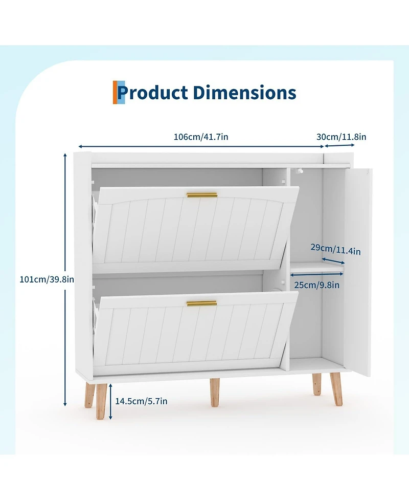 homfan Shoe Cabinet with Mirror, 2 Flip Drawers and Side Cabinet, Wood Shoe Storage Cabinet with Adjustable Shelves, Modern Home Storage Organizer