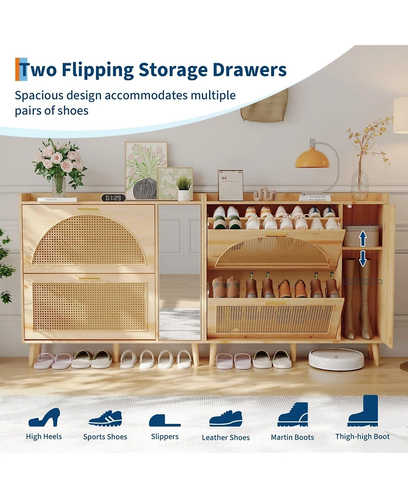 homfan Rattan Shoe Cabinet with Mirror, 2 Flip Drawers and Side Door, Entryway Storage