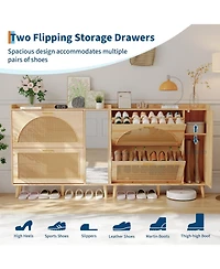 homfan Rattan Shoe Cabinet with Mirror, 2 Flip Drawers and Side Door, Entryway Storage