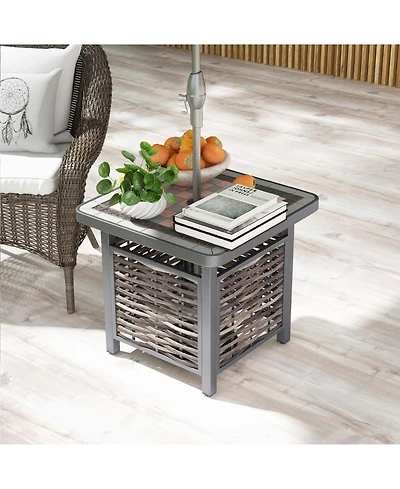 sumyeg 21.5-Inch Outdoor Pe Rattan Side Table with Umbrella Hole, Square Design