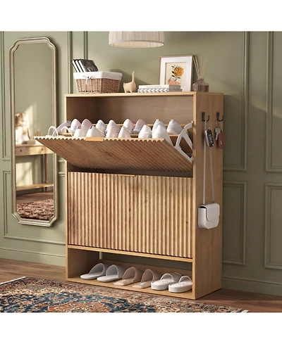 homfan Fluted Shoe Cabinet with 2 Flip Drawers, Open Bottom Shelf and Side Hooks for Entryway Storage
