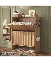 homfan Fluted Shoe Cabinet with 2 Flip Drawers, Open Bottom Shelf and Side Hooks for Entryway Storage