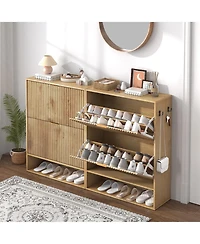 homfan Fluted Shoe Cabinet with 2 Flip Drawers, Open Bottom Shelf and Side Hooks for Entryway Storage