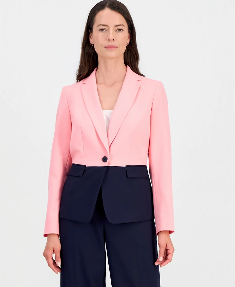 Le Suit Plus Colorblocked One-Button Peplum Jacket & Fly-Front Wide-Leg Pants