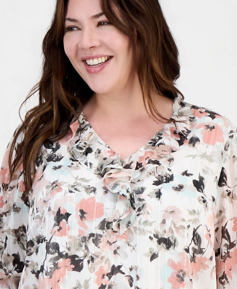 Kasper Plus Printed Bell-Sleeve Blouse