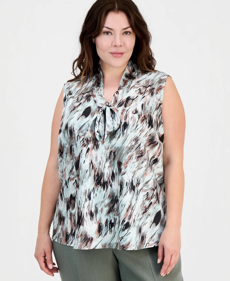 Kasper Plus Printed Tie-Neck Sleeveless Top