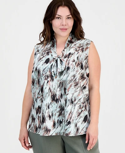 Kasper Plus Printed Tie-Neck Sleeveless Top