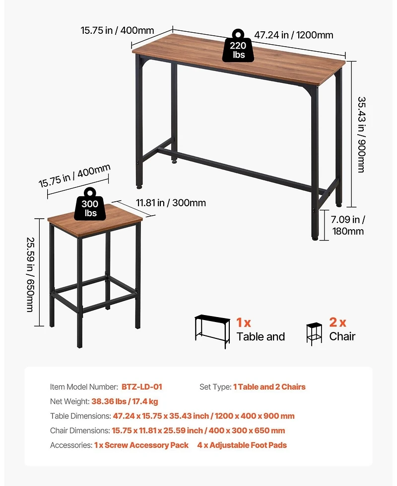 Sugift Bar Table, 3PCS 47 Set, Pub Table with Stools for Office and Mini Bar