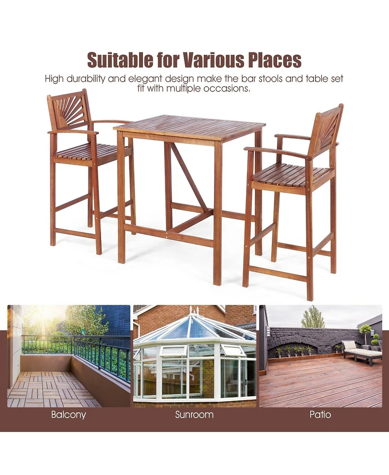 sumyeg 3-Piece Patio Acacia Wood Bar Set with Sunflower Pattern Backrest and Bar Table