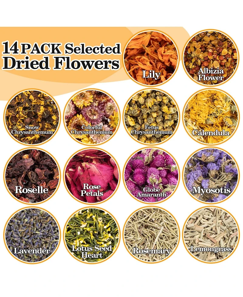 Gnuadz Dried Herbs Kit Botanicals Bulk 14 Bags Dry Flowers Soap Candle Perfume Bath Bombs Making Supplies Fragrance Sachet Diy
