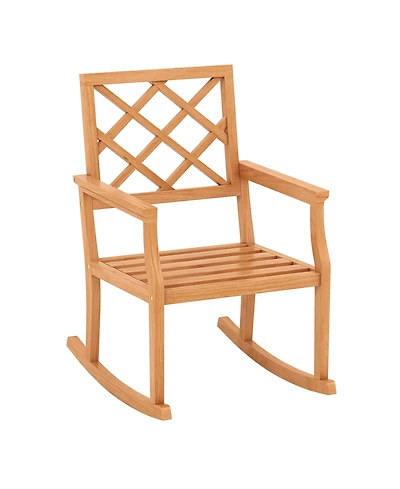 Sugift Teak Wood Oversized Rocking Chair with Slatted Seat and Back