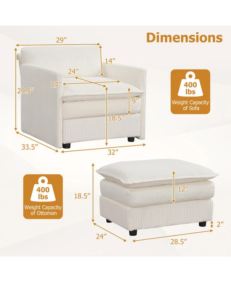 Gouun Oversized Accent Chair with Ottoman and Soft Corduroy Cushions