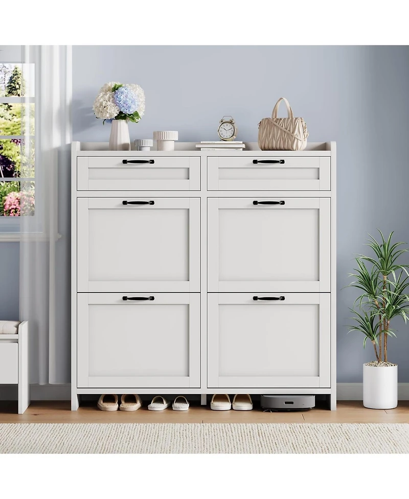 Homfan Shoe Cabinet with 4 Flip Drawers & 2 Top Drawers, Wooden Organizer Adjustable Shelf, Freestanding Storage Cabinets