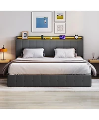 HomfanLift Up Bed Frame with Charging Station and Led Lights, Upholstered Button Tufted Wingback Storage Headboard