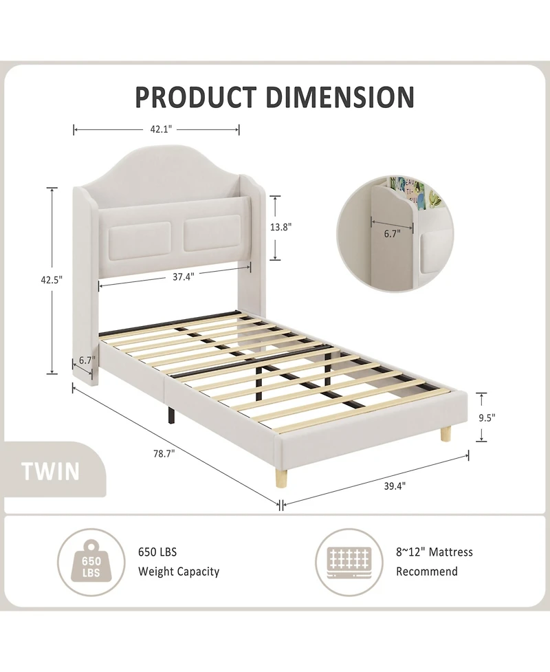 Homfan Upholstered Bed Frame with Led Lights, Velvet Platform Wing Back Storage Headboard
