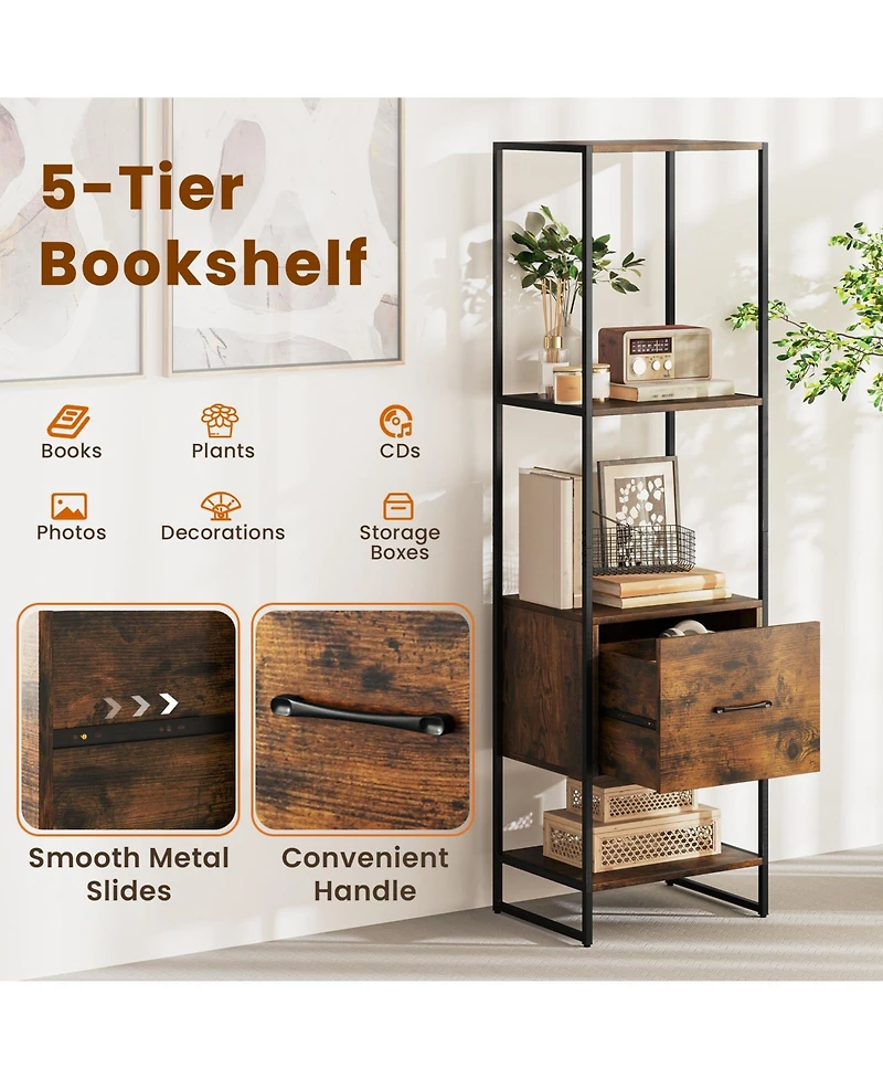 Slickblue Narrow 5-Tier Bookcase with Open Shelves and Storage Drawer