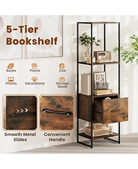 Slickblue Narrow 5-Tier Bookcase with Open Shelves and Storage Drawer