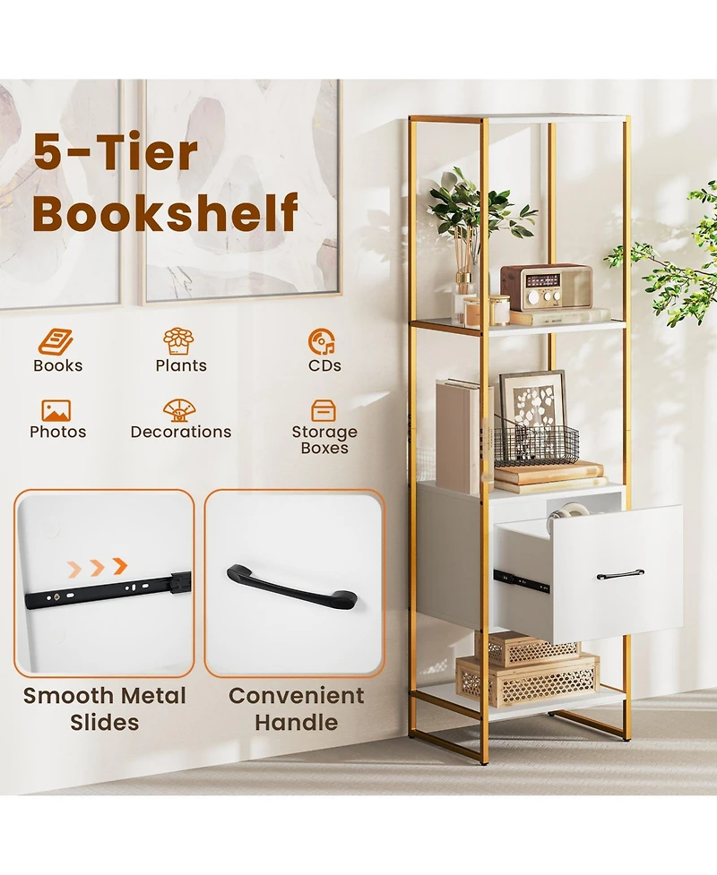 Slickblue Narrow 5-Tier Bookcase with Open Shelves and Storage Drawer
