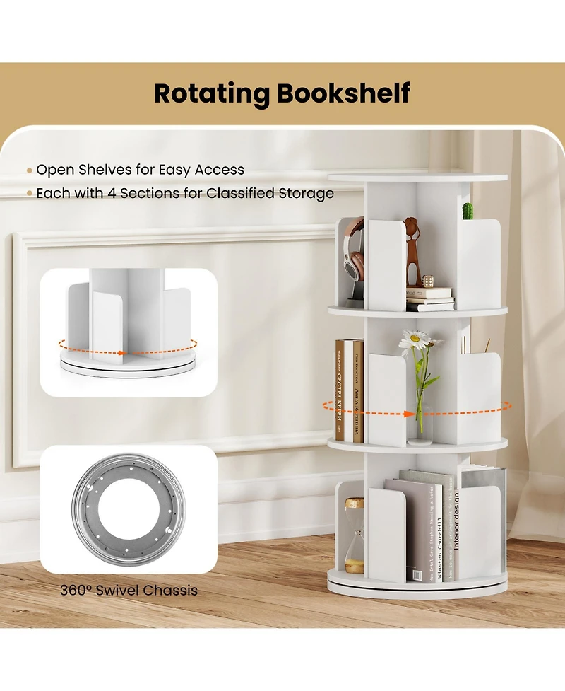 Sugift Three Tier Rotating Bookshelf with Dividers and Safety Baffles