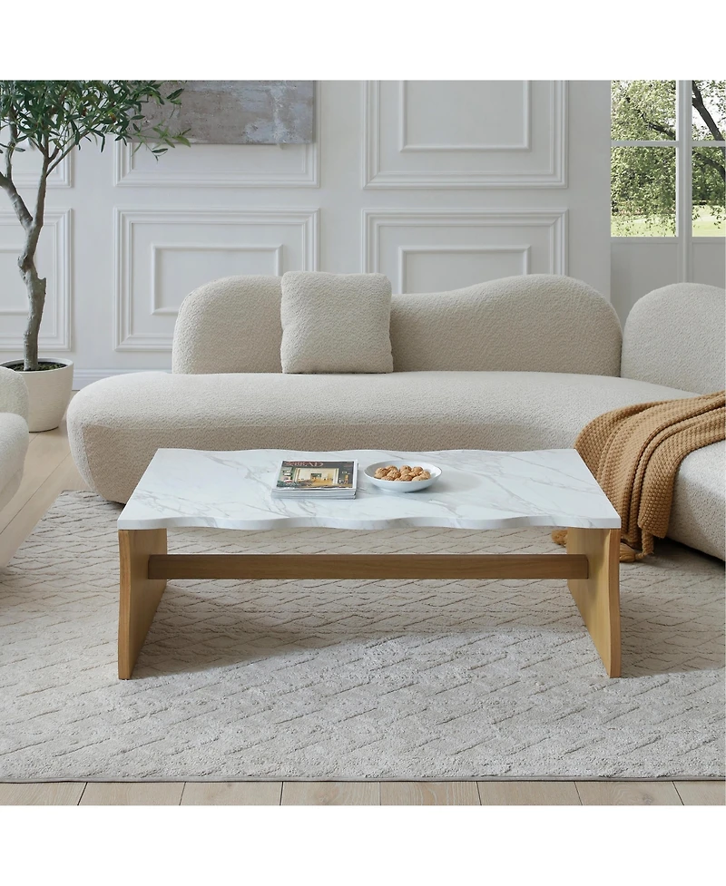 Boyel Living 47.24 Inches Whisper of Waves Modern Coffee Table with Faux Marble Top and Solid Wood Base