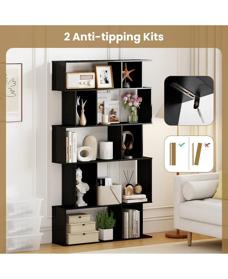 Sugift Five Tier Geometric Bookcase with Open Shelves and Cube Storage