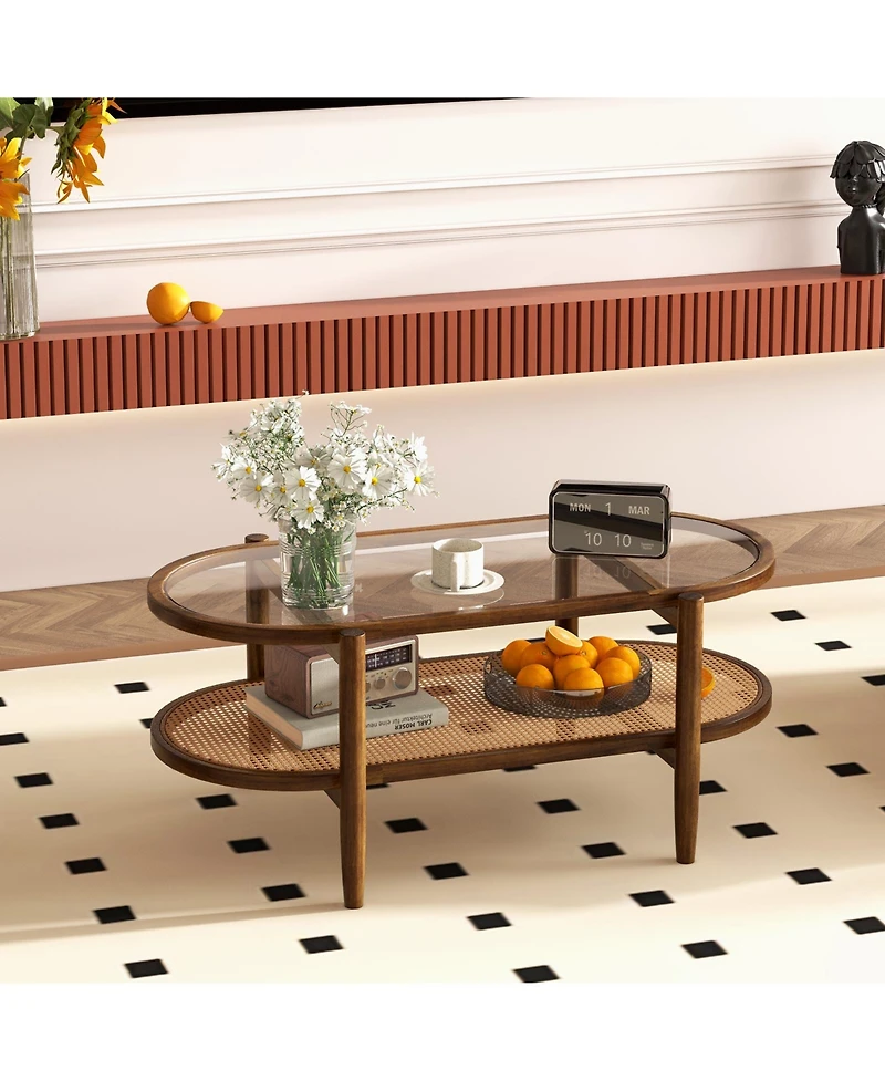 sumyeg Tempered Glass Tabletop and Acacia Wood Frame 2-Tier Coffee Table