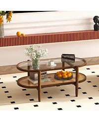 sumyeg Tempered Glass Tabletop and Acacia Wood Frame 2-Tier Coffee Table