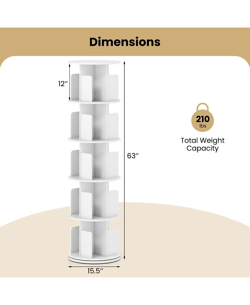 Sugift Five Tier Rotating Bookshelf with Dividers and Safety Baffles