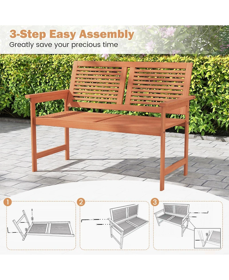 Sugift Outdoor Wooden Patio Bench for Two with Slatted Back and Seat