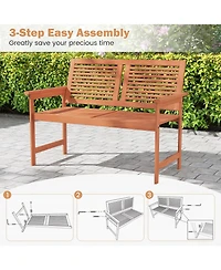 Sugift Outdoor Wooden Patio Bench for Two with Slatted Back and Seat