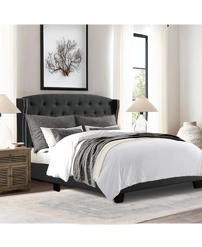 Boyel Living High Back Upholstered Bed Frame with Studded Detail Platform Solid Wood and Soft Fabric