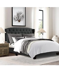 Boyel Living High Back Upholstered Bed Frame with Studded Detail Platform Solid Wood and Soft Fabric