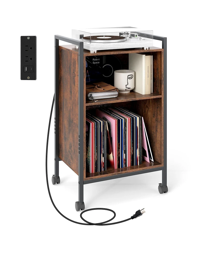 Sugift Mobile Record Player Stand with Power Outlet Storage
