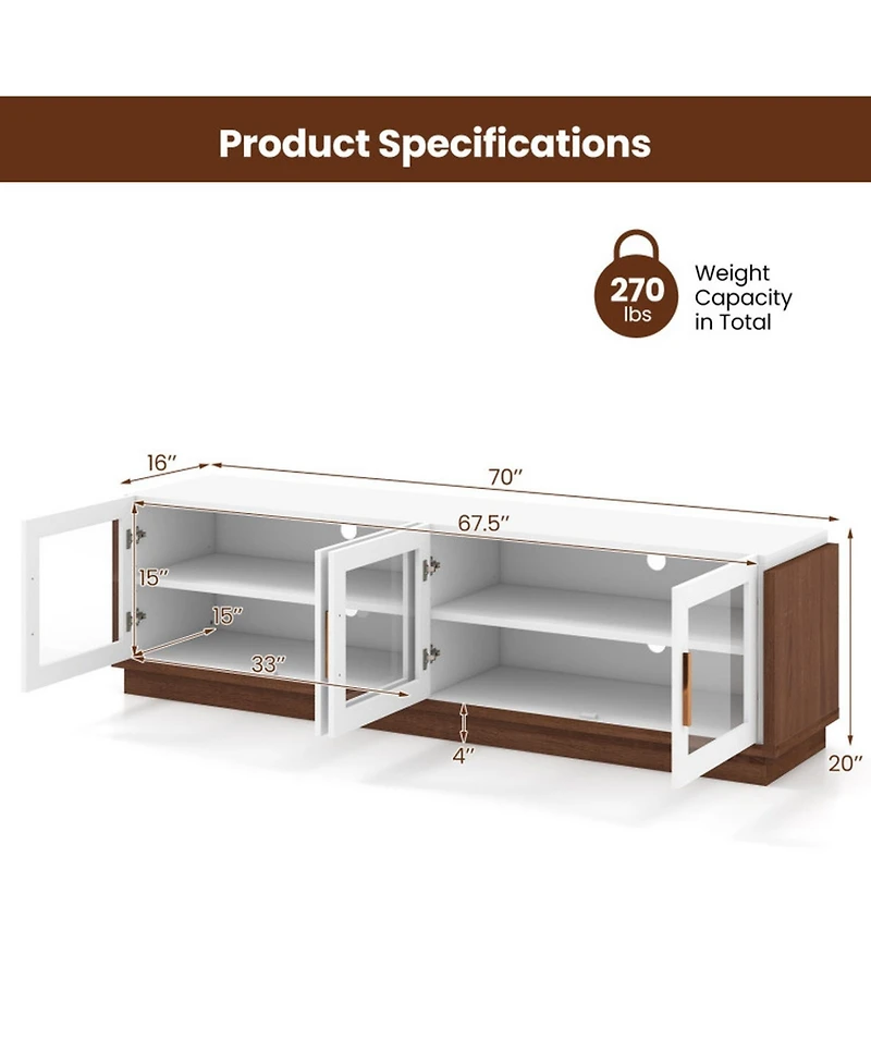 Gouun 70 in Tv Stand with 4 Tempered Glass Doors for TVs up to 75