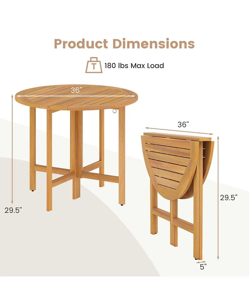 Gouun 36 in Round Folding Acacia Wood Patio Dining Table