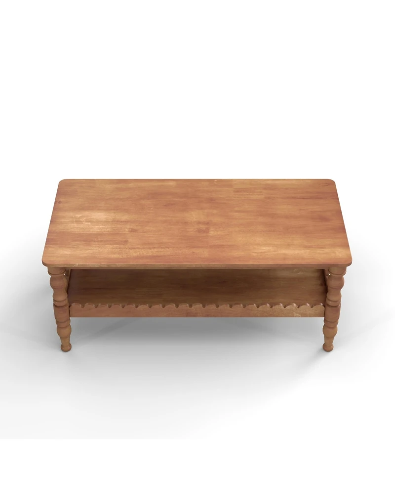 Rainsken Rectangle Coffee Table, Solid Wood Center Table, Farmhouse 2-Tier Sofa Table, Wave-Edge Design for Living Room