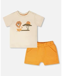 Deux par Deux Little Boys Cotton T-Shirt and Short Set Beige and Orange