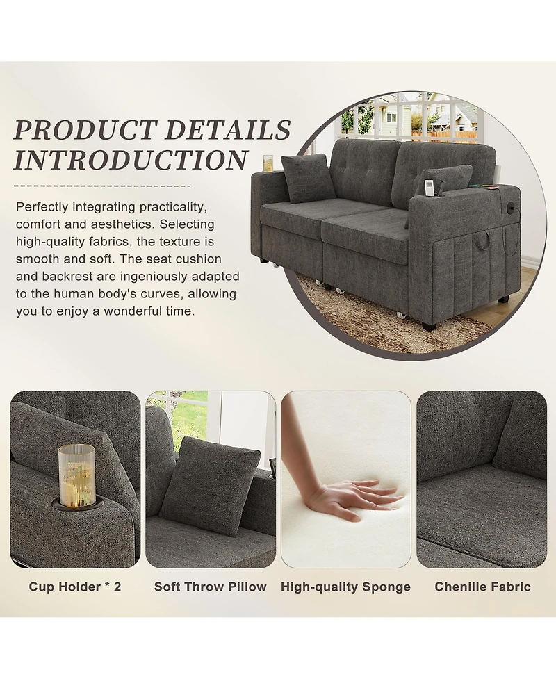 Rainsken 67" Chenille Loveseat Sofa, 2-Seater Couch with Storage, Usb Charging and Cup Holders for Living Room and Apartment