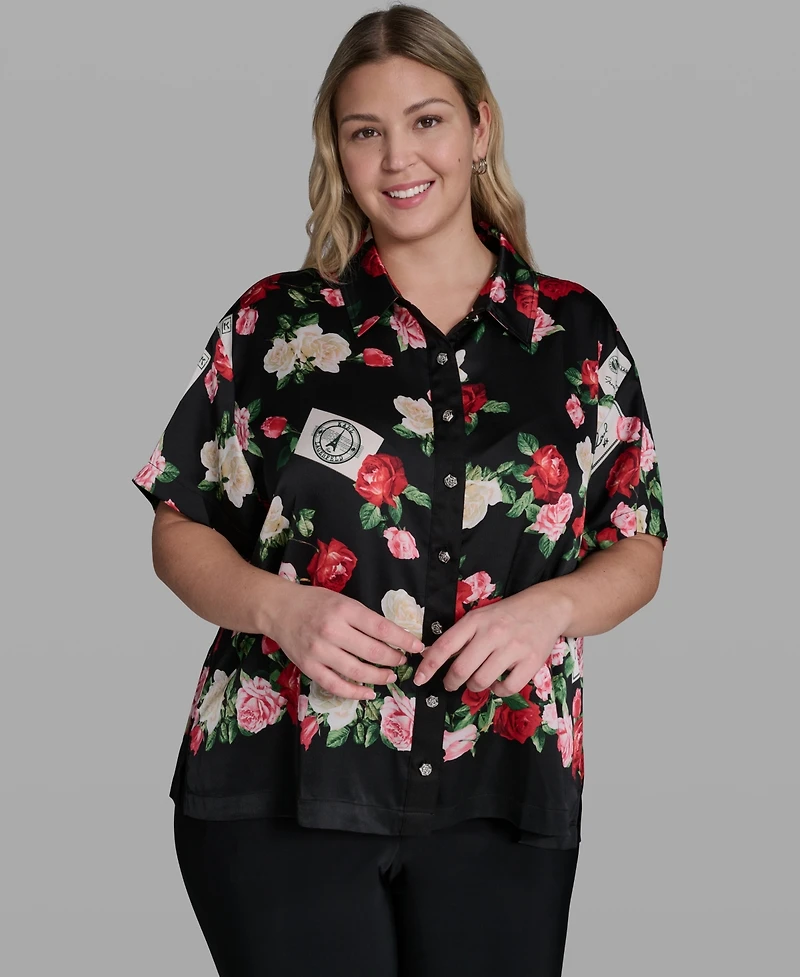 Karl Lagerfeld Paris Plus Floral-Print Collared Blouse
