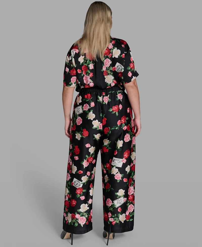 Karl Lagerfeld Paris Plus Size Mid-Rise Floral-Print Pull-On Pants