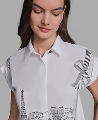 Karl Lagerfeld Paris Petite Bow Scenic Poplin Collared Shirt