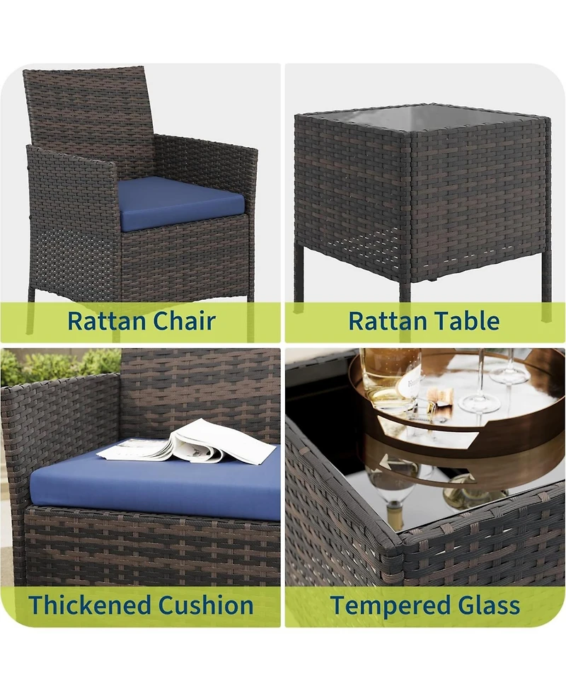 gaomon 3-Piece Wicker Bistro Set with Glass Table