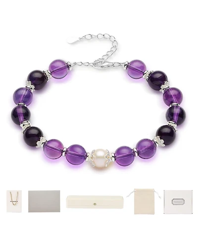 Gnuadz 8mm Certified Amethyst Bracelet Gift Set Sterling Birthstone Adjustable