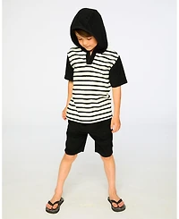 Deux par Deux Little Boys Hooded Terry T-Shirt with Shorts Set Stripes