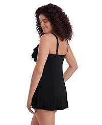 Longitude Women's Solid Black Ruffle Front Long Torso Swim Dress
