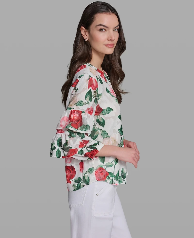 Karl Lagerfeld Paris Petite Ruffle-Sleeve Rose Print Blouse